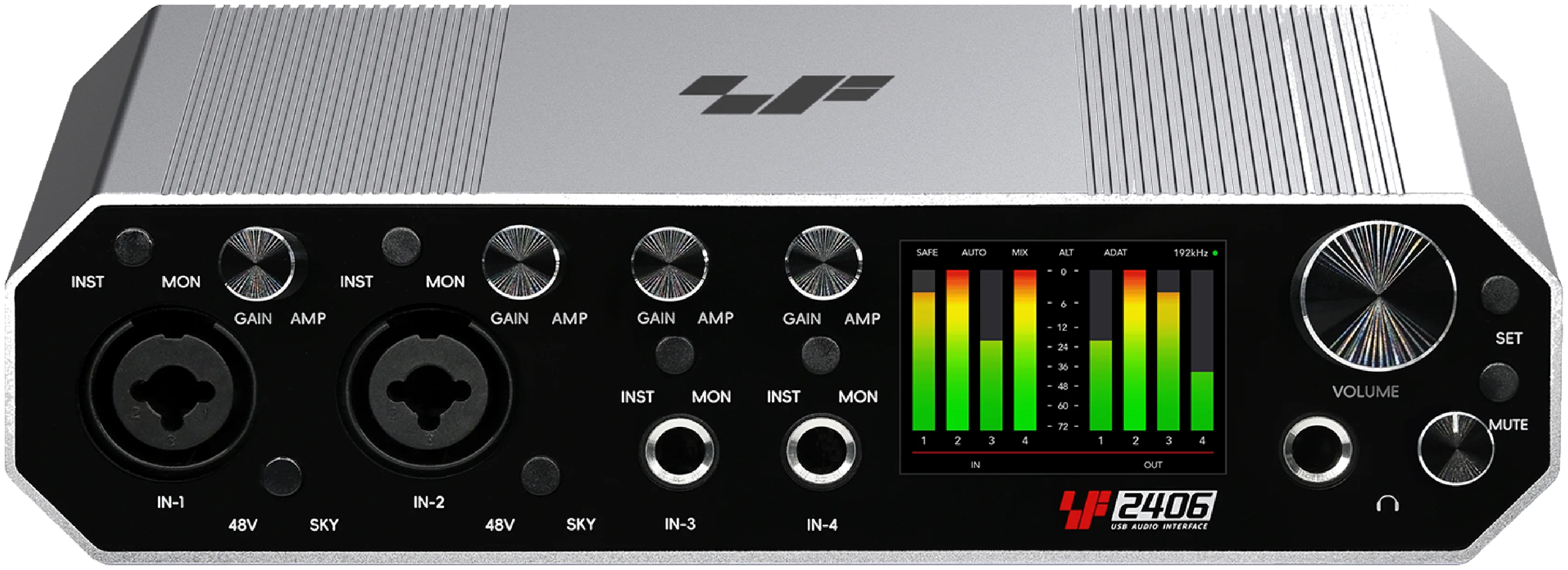 Close view of the Layarav R4 front panel showing four gain knobs above four inputs, each with its own INST and MON switching.