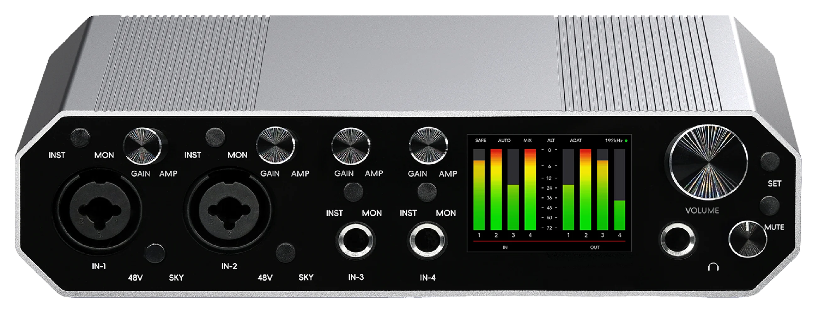 Layarav R4 photographed straight on, showing all four inputs, four gain knobs, the colour meter display and the volume encoder.