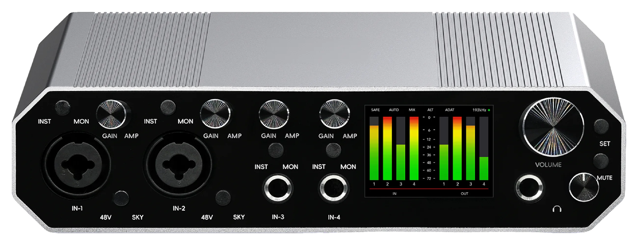 Close view of the Layarav R4 front panel showing four gain knobs above four inputs, each with its own INST and MON switching.