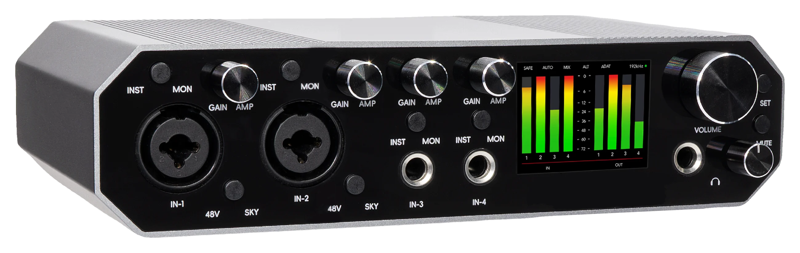 The Layarav R4 audio interface at three-quarter angle on a white stage, its brushed aluminium shell above a black front panel with four inputs and a lit colour meter display.