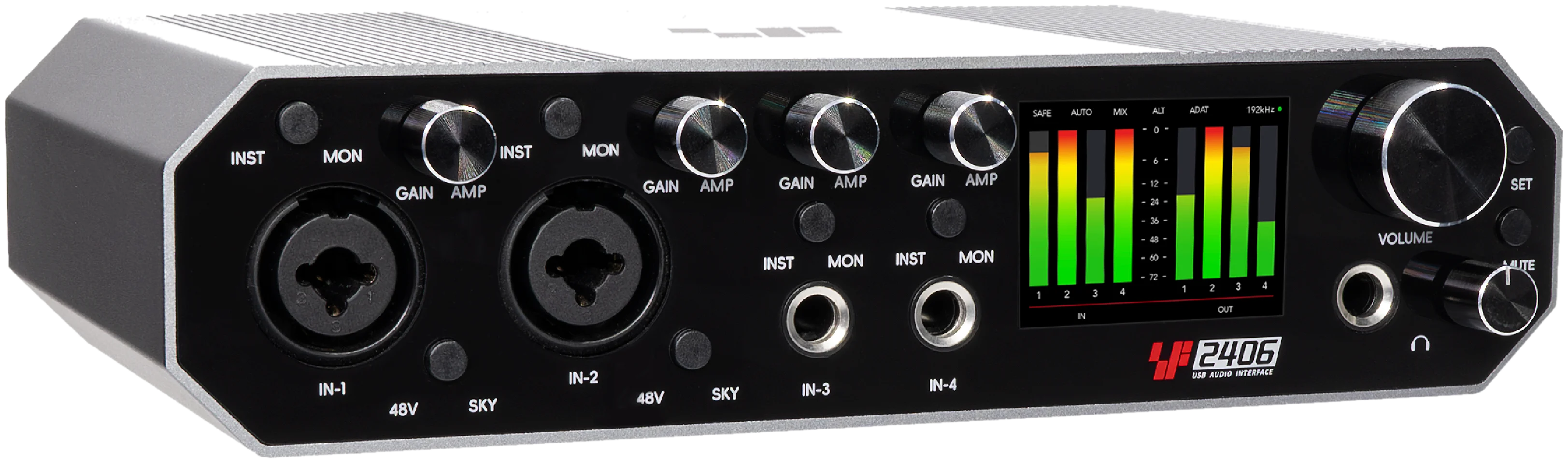 Layarav R4 at three-quarter angle, front panel lit, on a white stage.