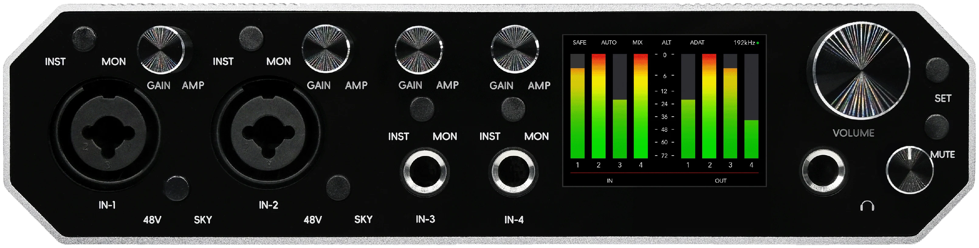 Front panel of the Layarav R4, shown straight on with all inputs, knobs, switches and the colour display.