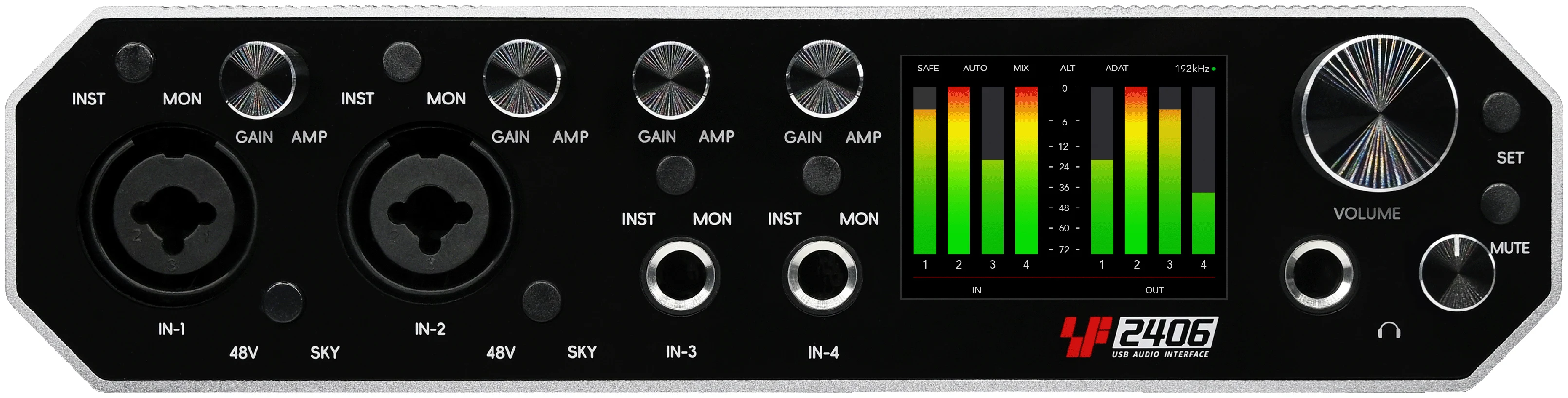 Front panel of the Layarav R4, shown straight on with all inputs, knobs, switches and the colour display.