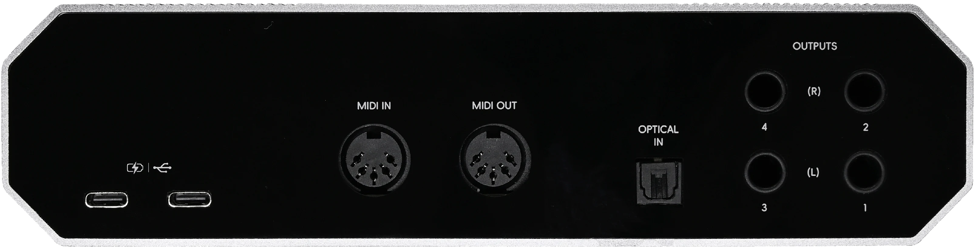 Rear panel of the Layarav R4, showing two USB-C ports, MIDI in and out, the ADAT optical input and four balanced outputs.