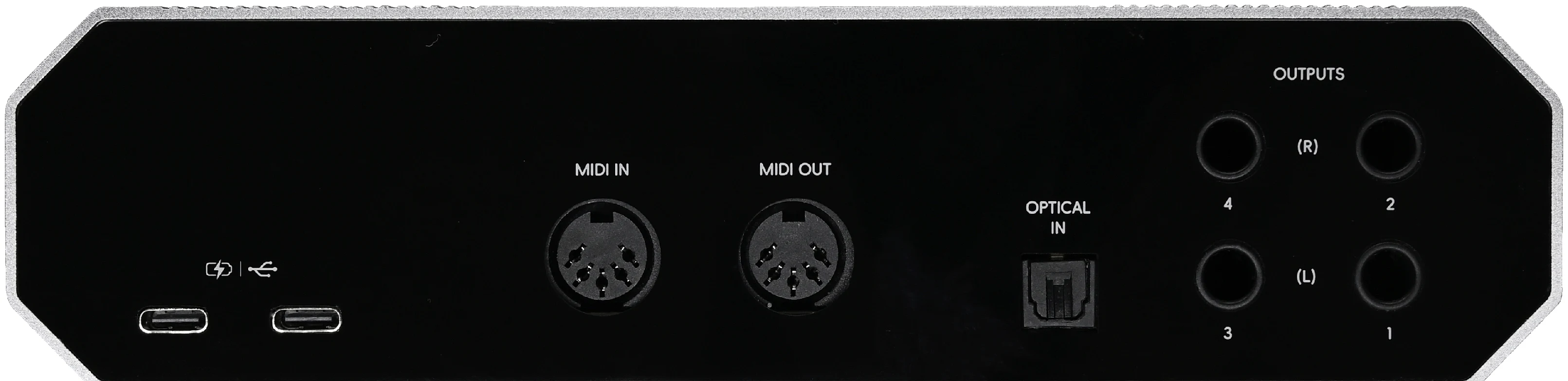 Rear panel of the Layarav R4, showing two USB-C ports, MIDI in and out, the ADAT optical input and four balanced outputs.