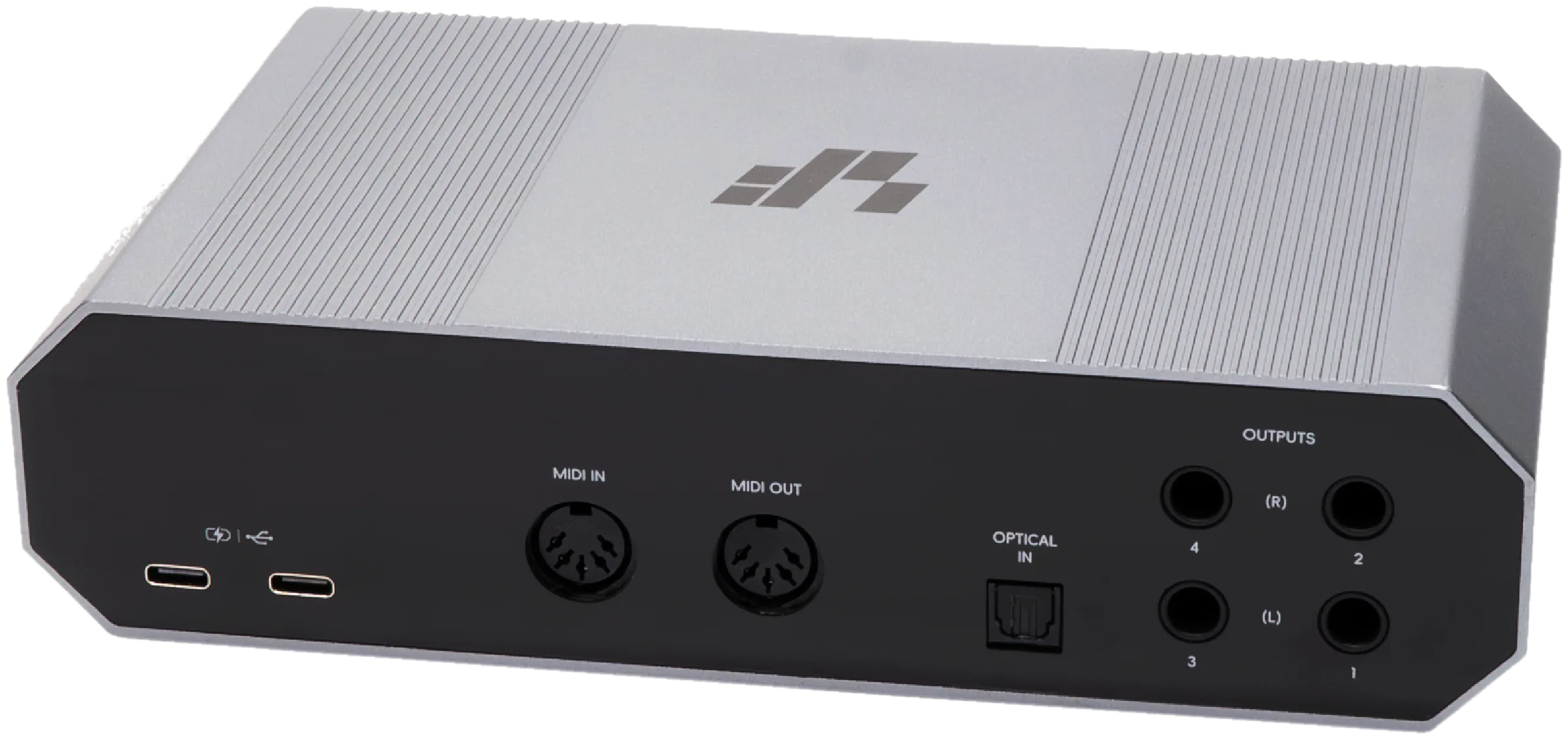 The Layarav R4's rear panel, with the ADAT optical input between the MIDI ports and the four balanced outputs.