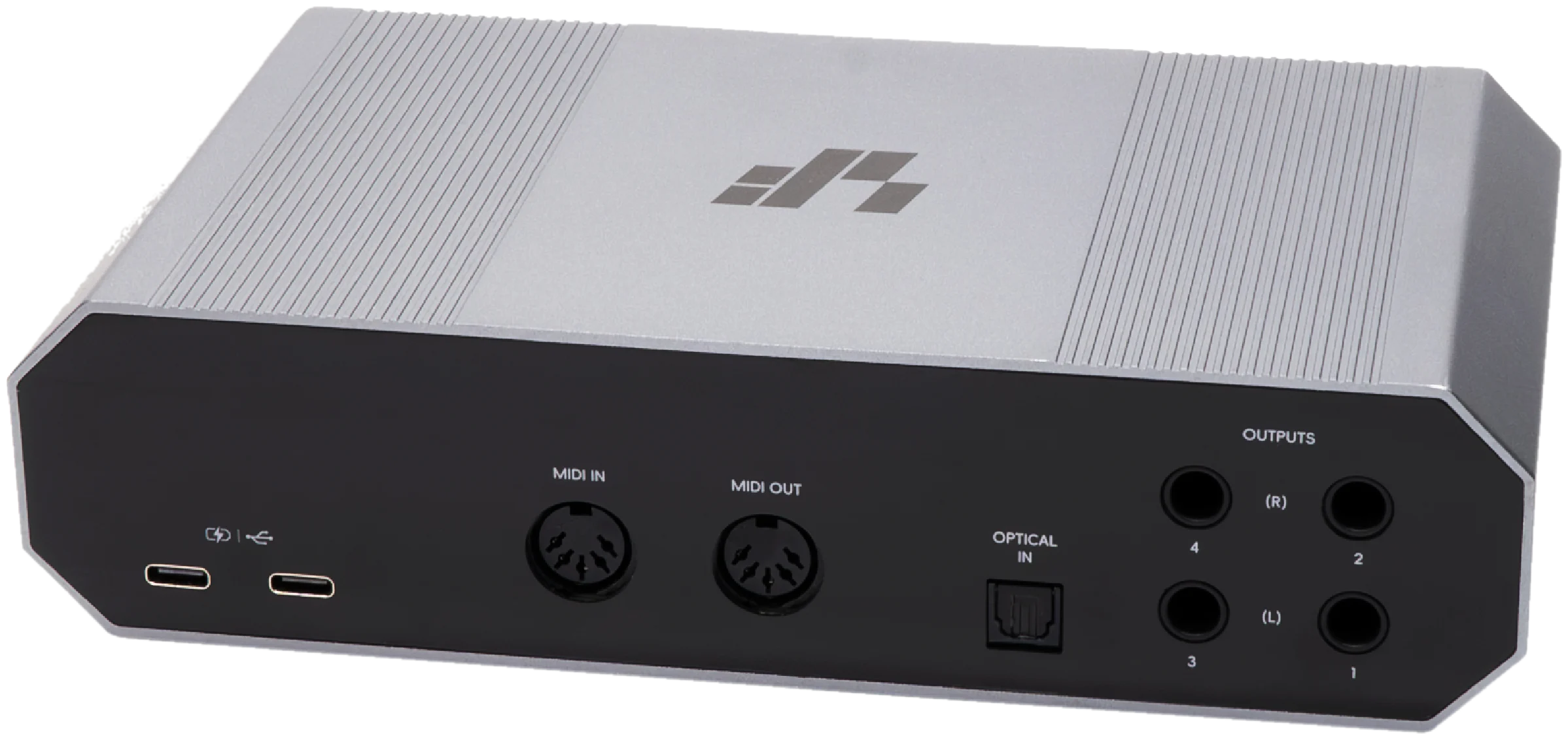 Rear panel of the Layarav R4, showing two USB-C ports, MIDI in and out, the ADAT optical input and four balanced outputs.