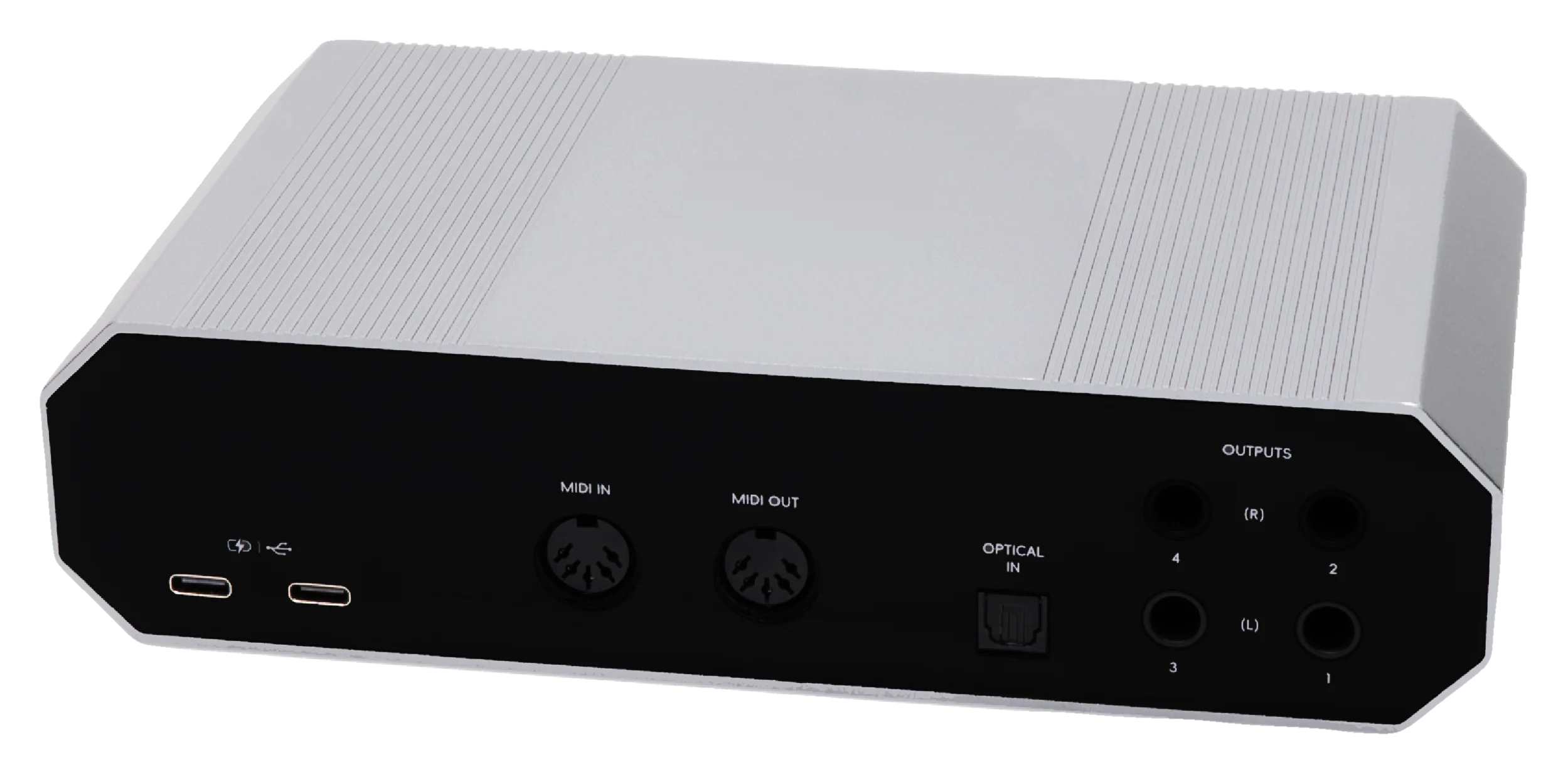 Rear panel of the Layarav R4, showing two USB-C ports, MIDI in and out, the ADAT optical input and four balanced outputs.