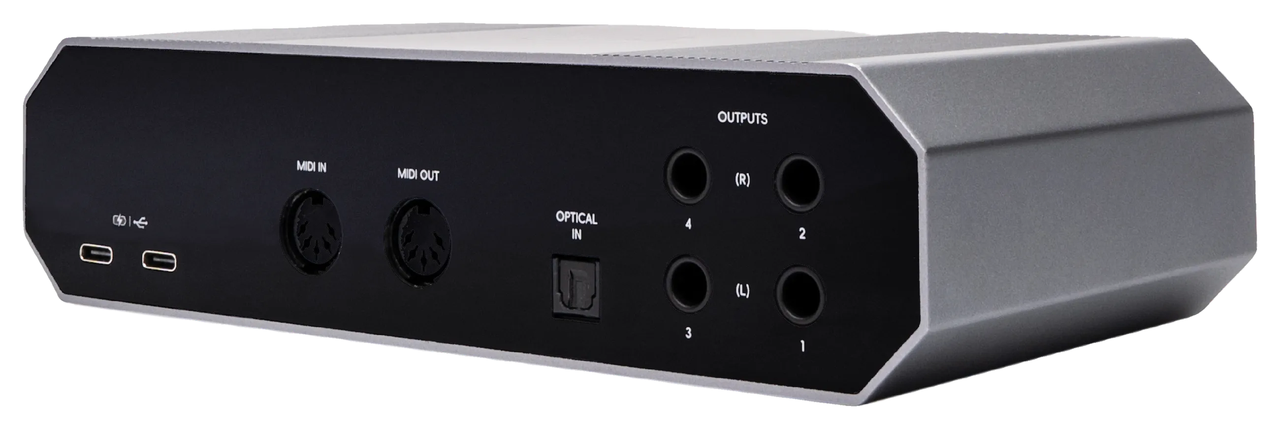 Close view of the Layarav R4's two rear USB-C ports, one marked for power and one for data.
