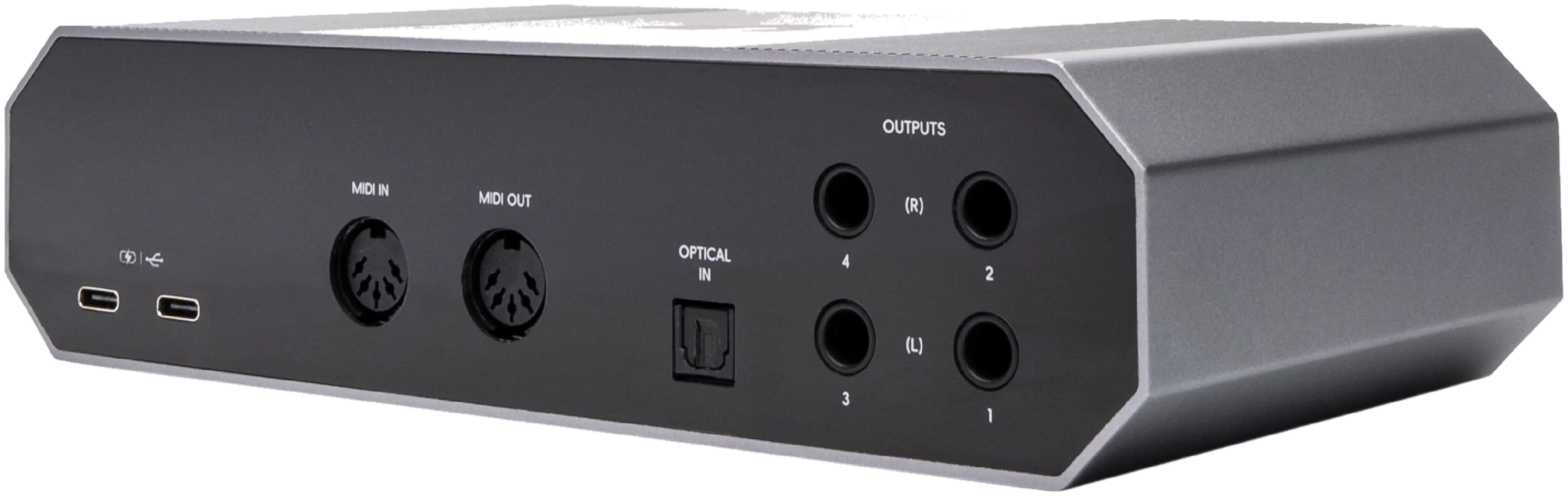Close view of the Layarav R4's two rear USB-C ports, one marked for power and one for data.