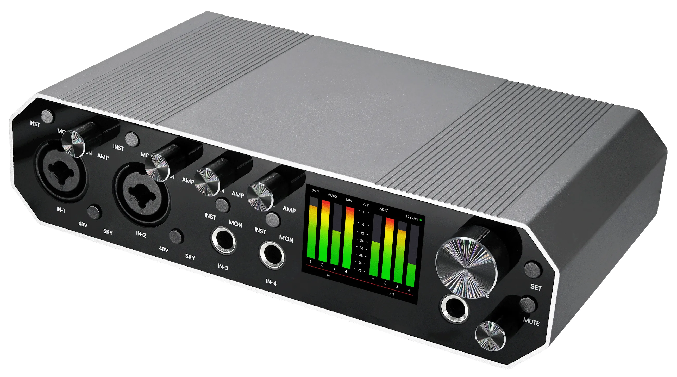 Top-down three-quarter view of the Layarav R4's ribbed brushed-aluminium chassis.